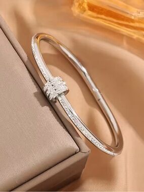 Sterling Silver Crystal Knot Bangle Bracelet - Silver